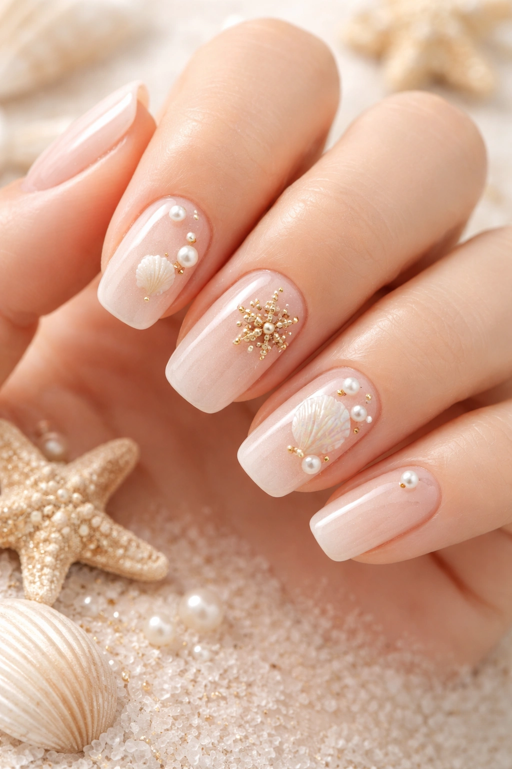 Nails with seashell and starfish accents on a neutral base