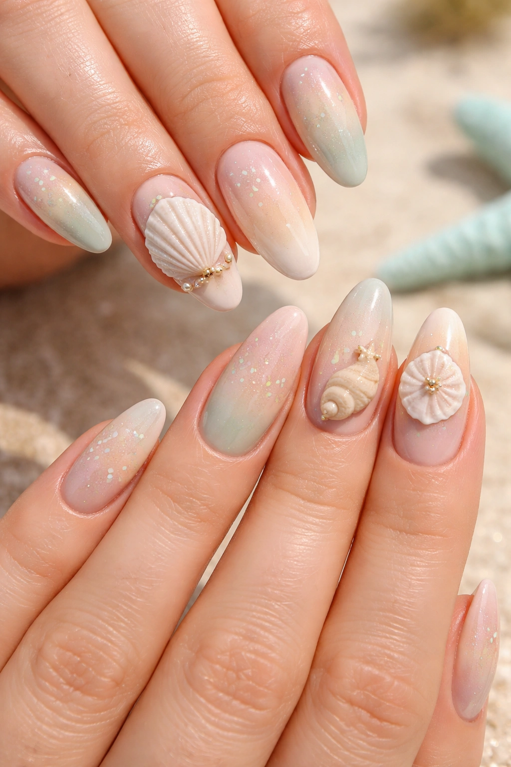 Close-up nails with seashell accents on a beachy palette
