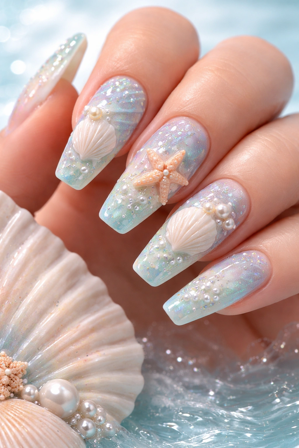 Close-up of seashell nails with sculpted shells on pastel base