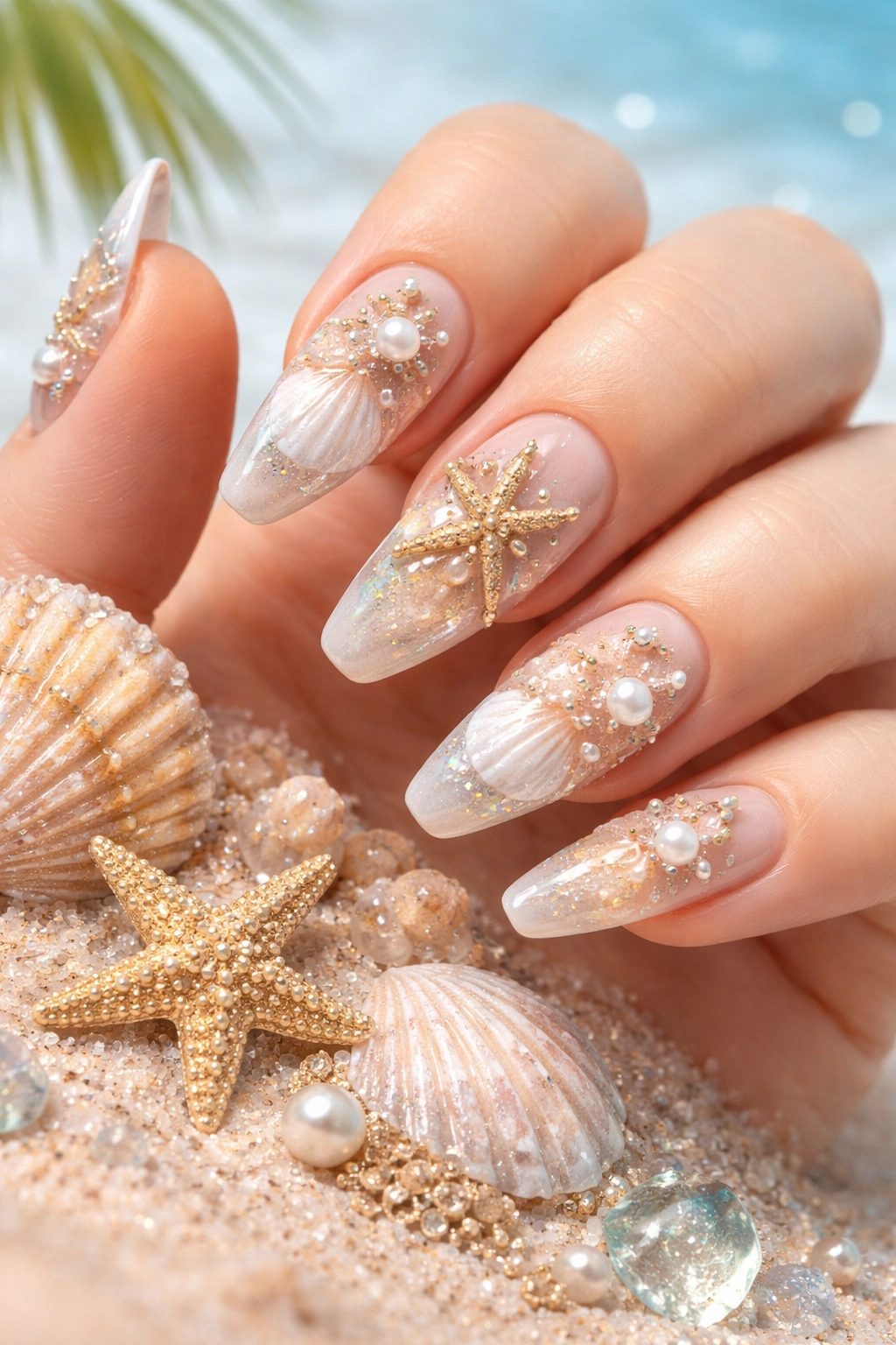 Nails with seashell and starfish motifs and tiny pearls