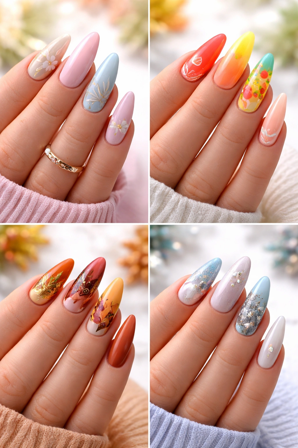 Close-up of almond acrylic nails in season-inspired colors with glossy finish
