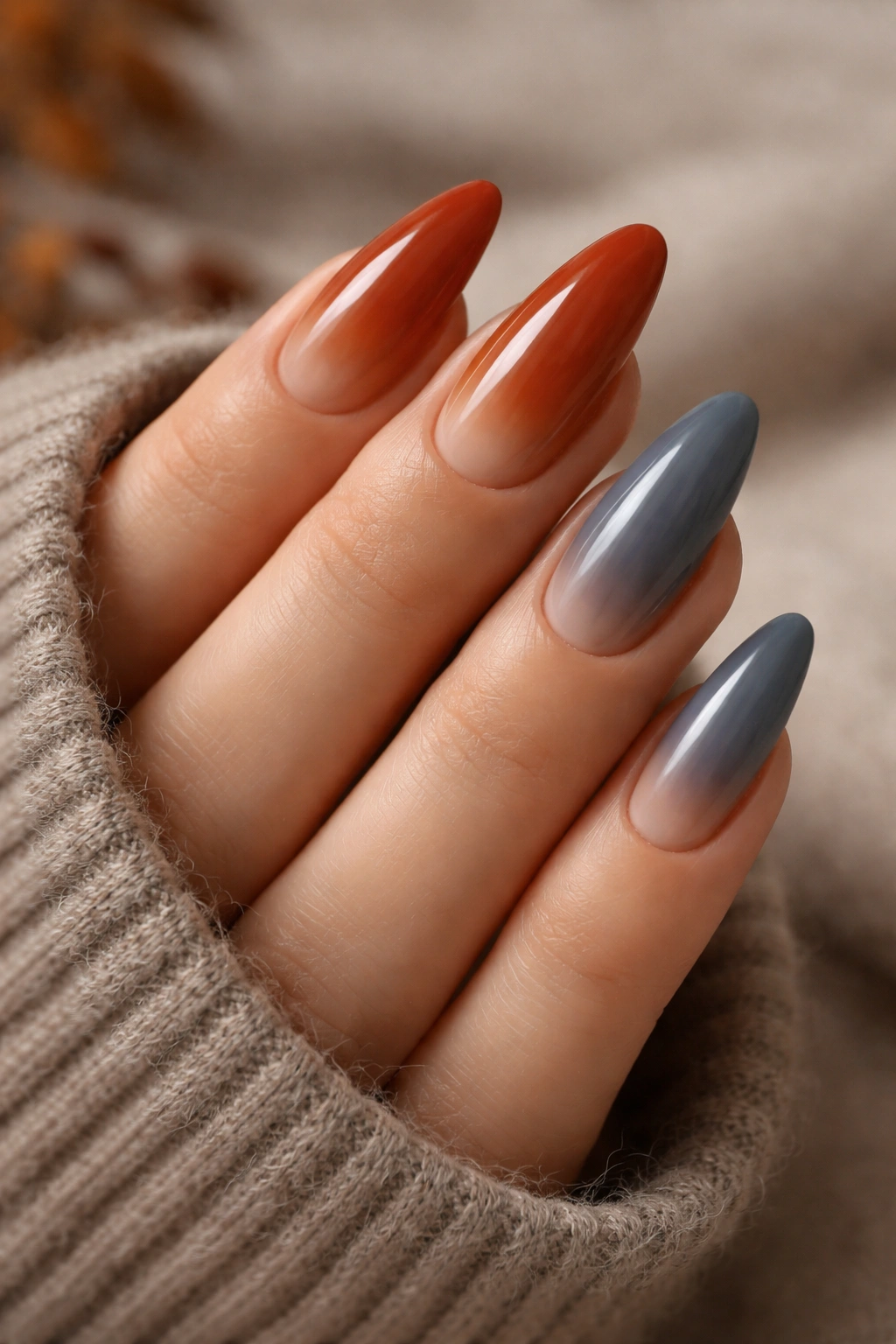 Almond nails in burnt orange and slate grey, seasonal winners for autumn-winter manicure