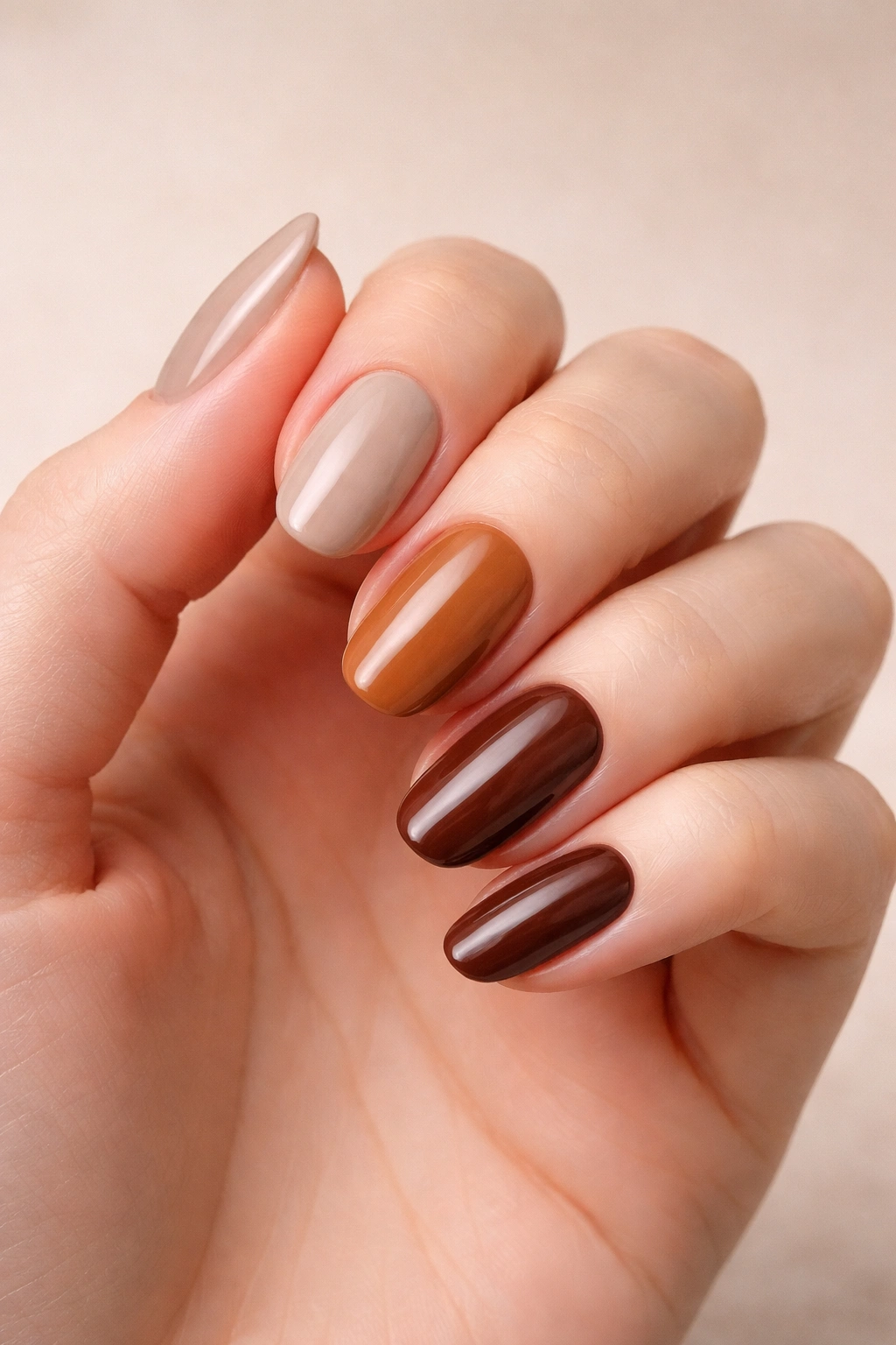 Close-up of pale-skinned hand with nails painted in seasonal brown shades: taupe, caramel, espresso.