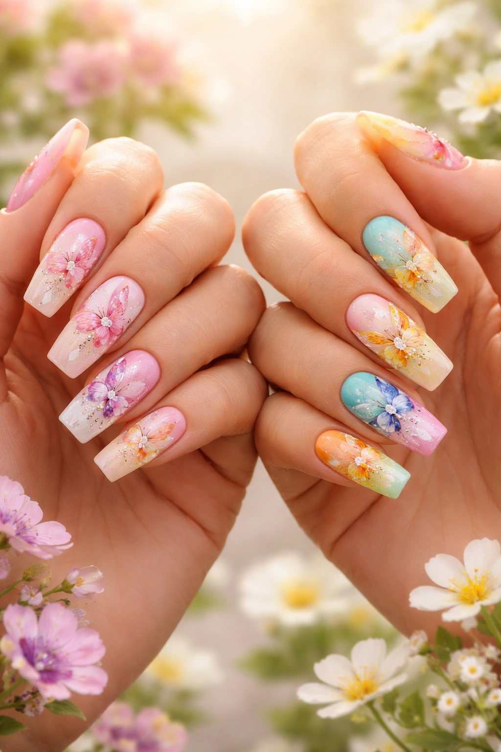 Two hands with butterfly nail art in spring and summer color palettes