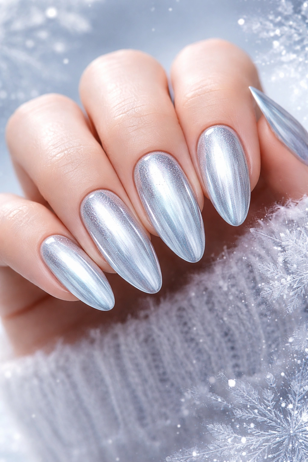 Winter chrome nails in icy silver and pale blue tones with cool lighting