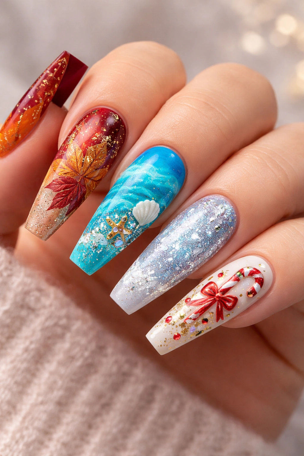 Close-up of coffin nails in seasonal colors on a hand.