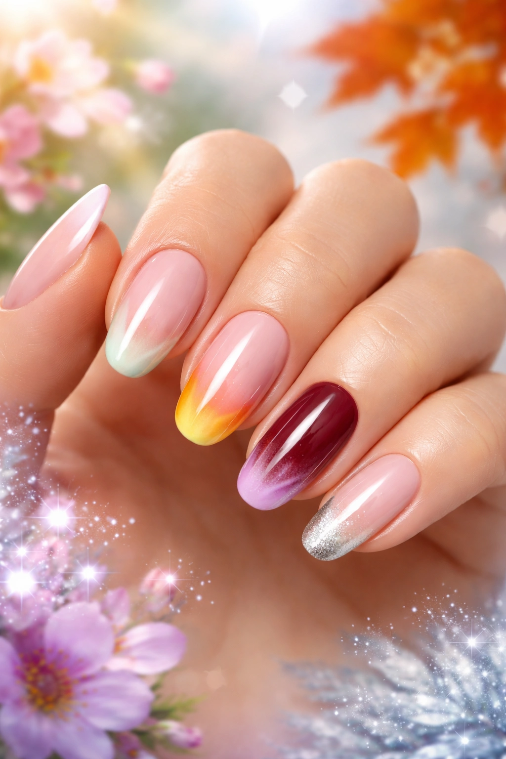 Hand with seasonal French tips in pastel spring, neon summer, burgundy fall, and icy silver winter
