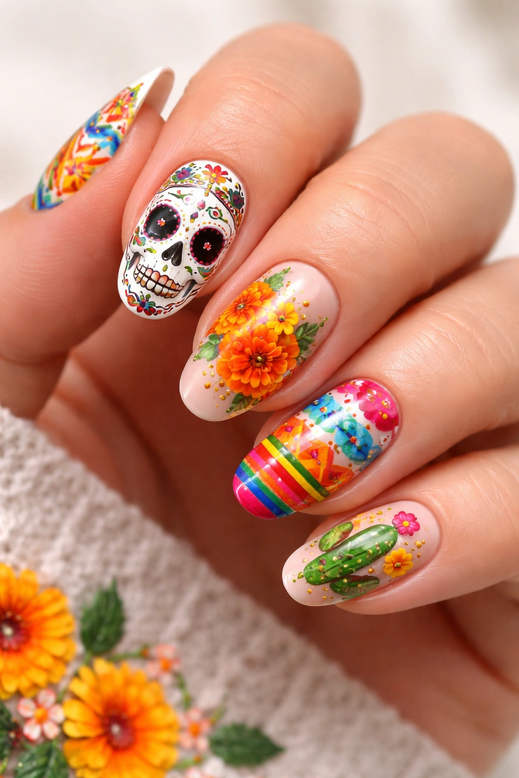 Close-up of hands with seasonal Mexican nail art featuring cactus, marigold, sugar skull, and tile patterns