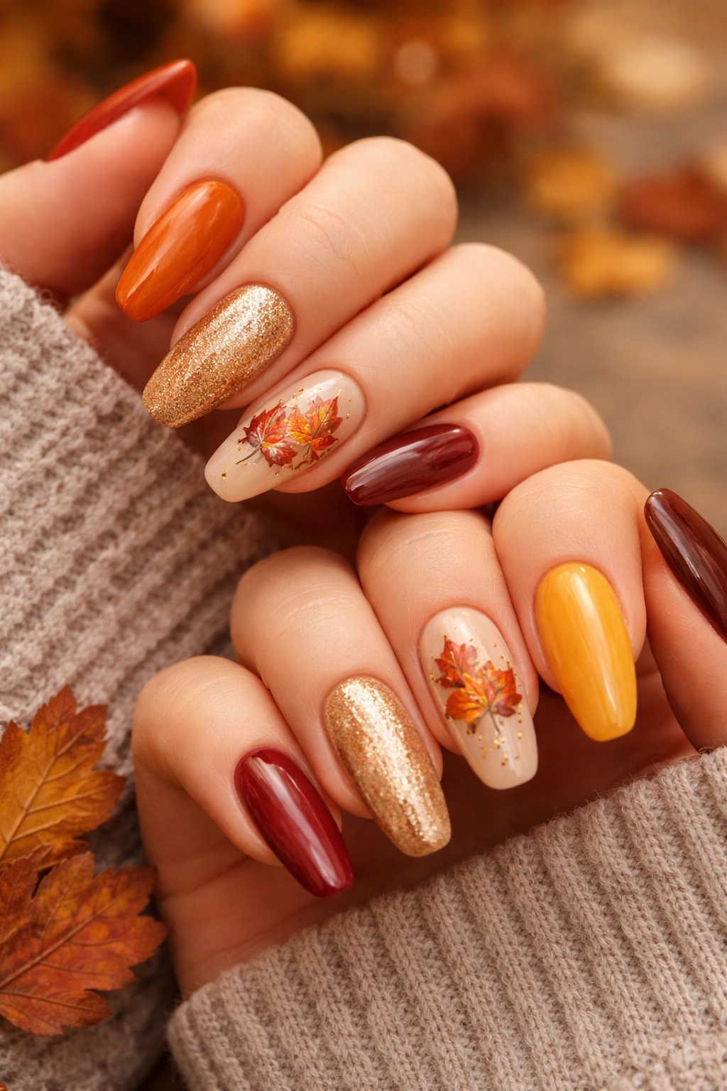 Hands showing seasonal nails with autumn leaf accents