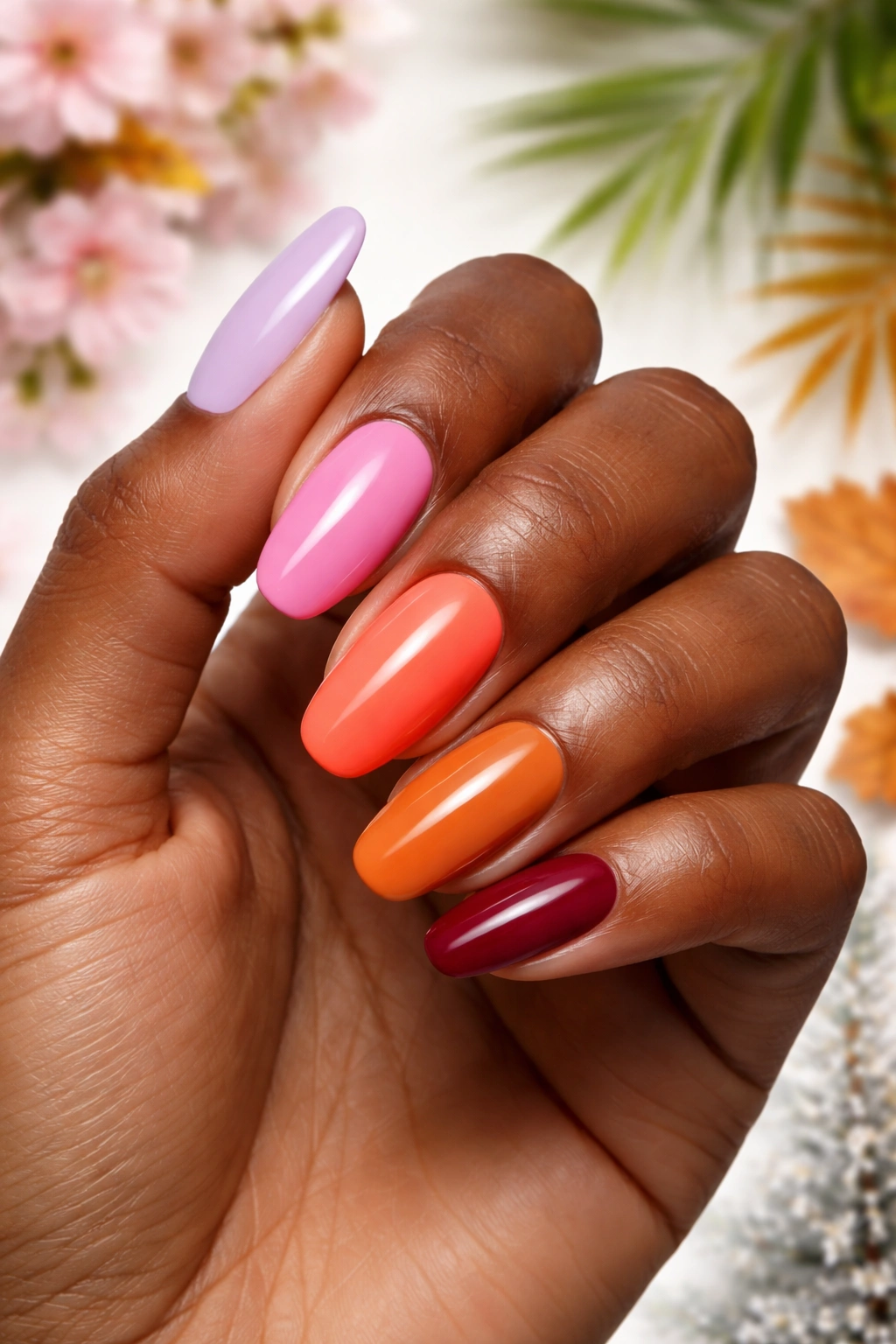 Close-up of a hand showing seasonal nail colors for dark skin tones