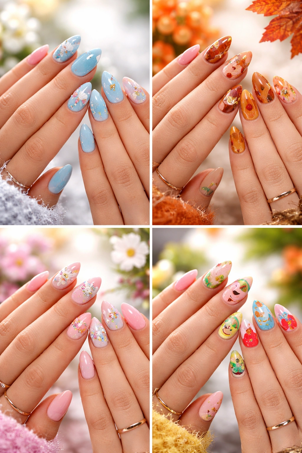 Nails with seasonal motifs from winter to summer