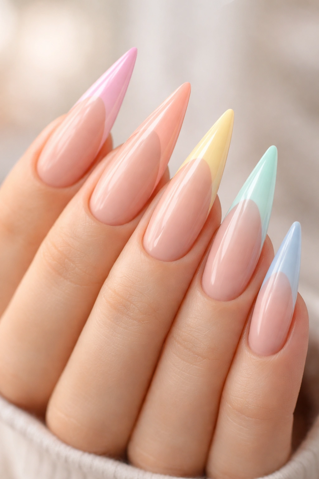 Close-up of seasonal-themed French stilettos with tip colors