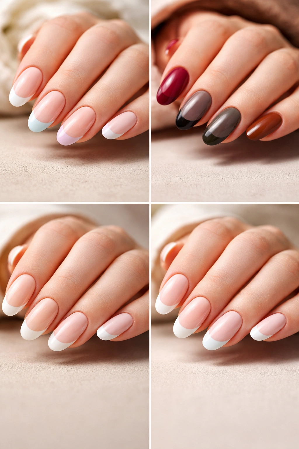 Hand with French tip oval nails showcasing seasonal color and tip variations