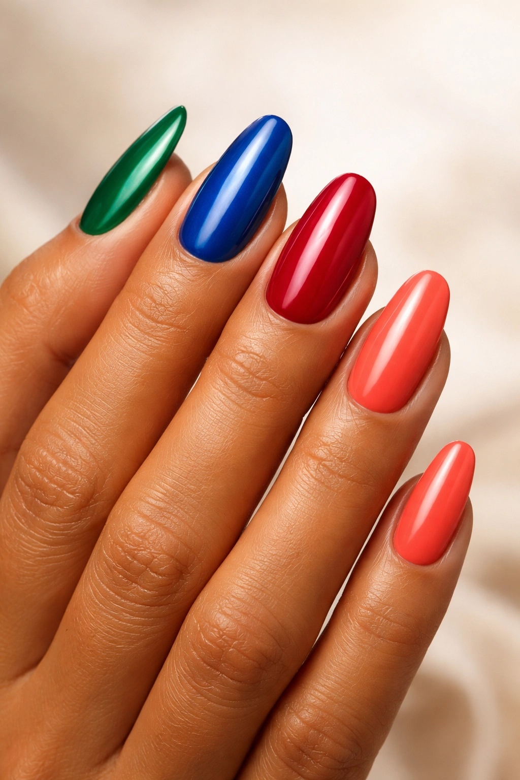Hand with four season-inspired nail colors on tan skin