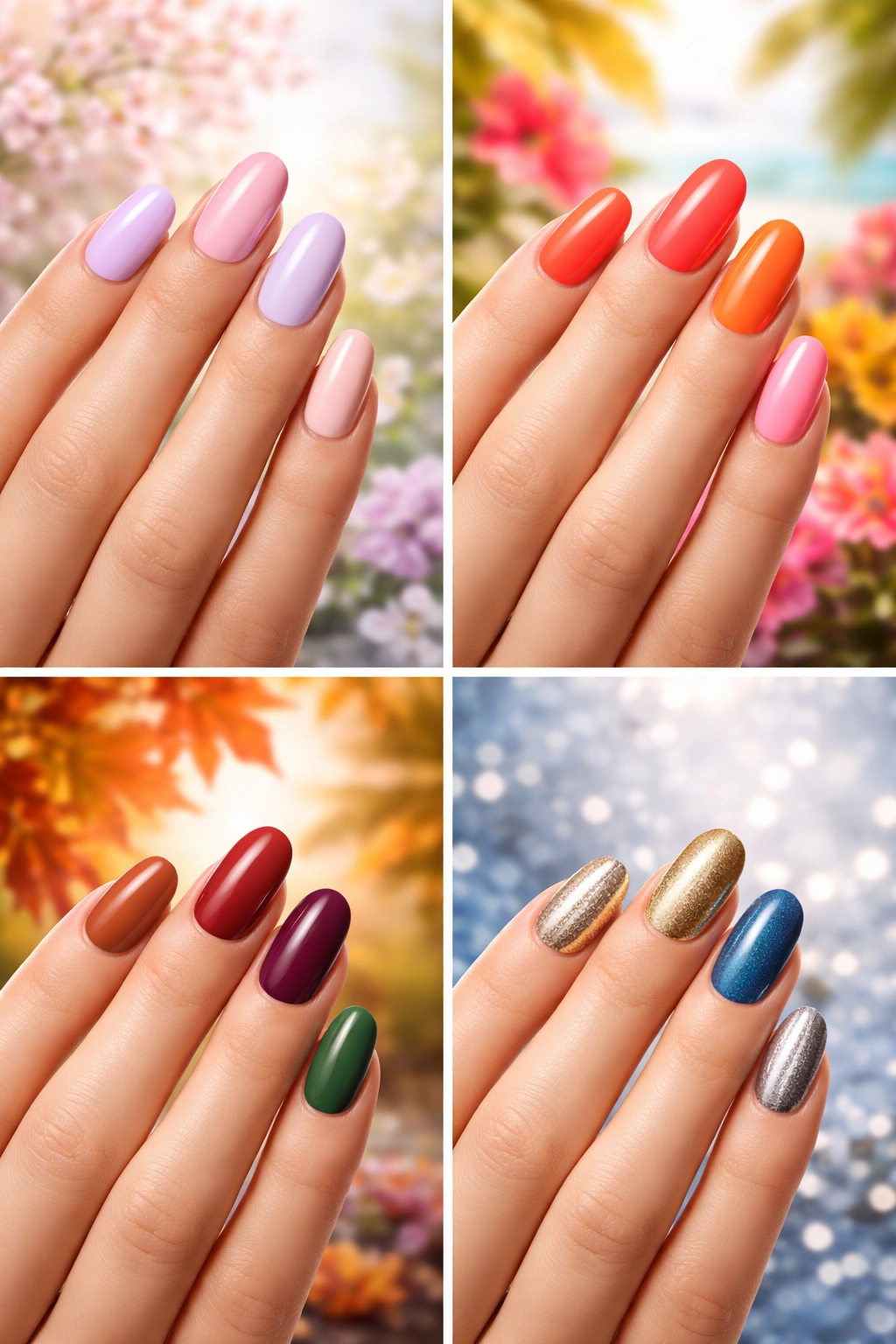 Hand displaying seasonal nail palettes including pastels, bright colors, and metallics