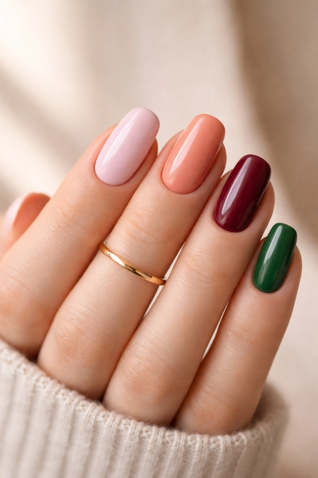 Nails in spring pink, peach, burgundy, and forest green with a gold ring