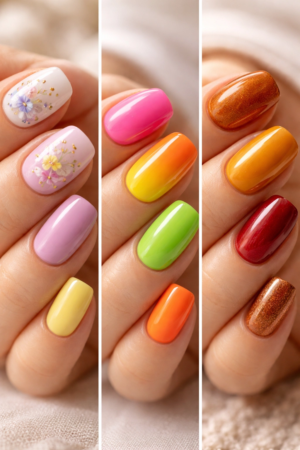 Close-up of short acrylic nails with spring pastels, summer neons, and autumn colors