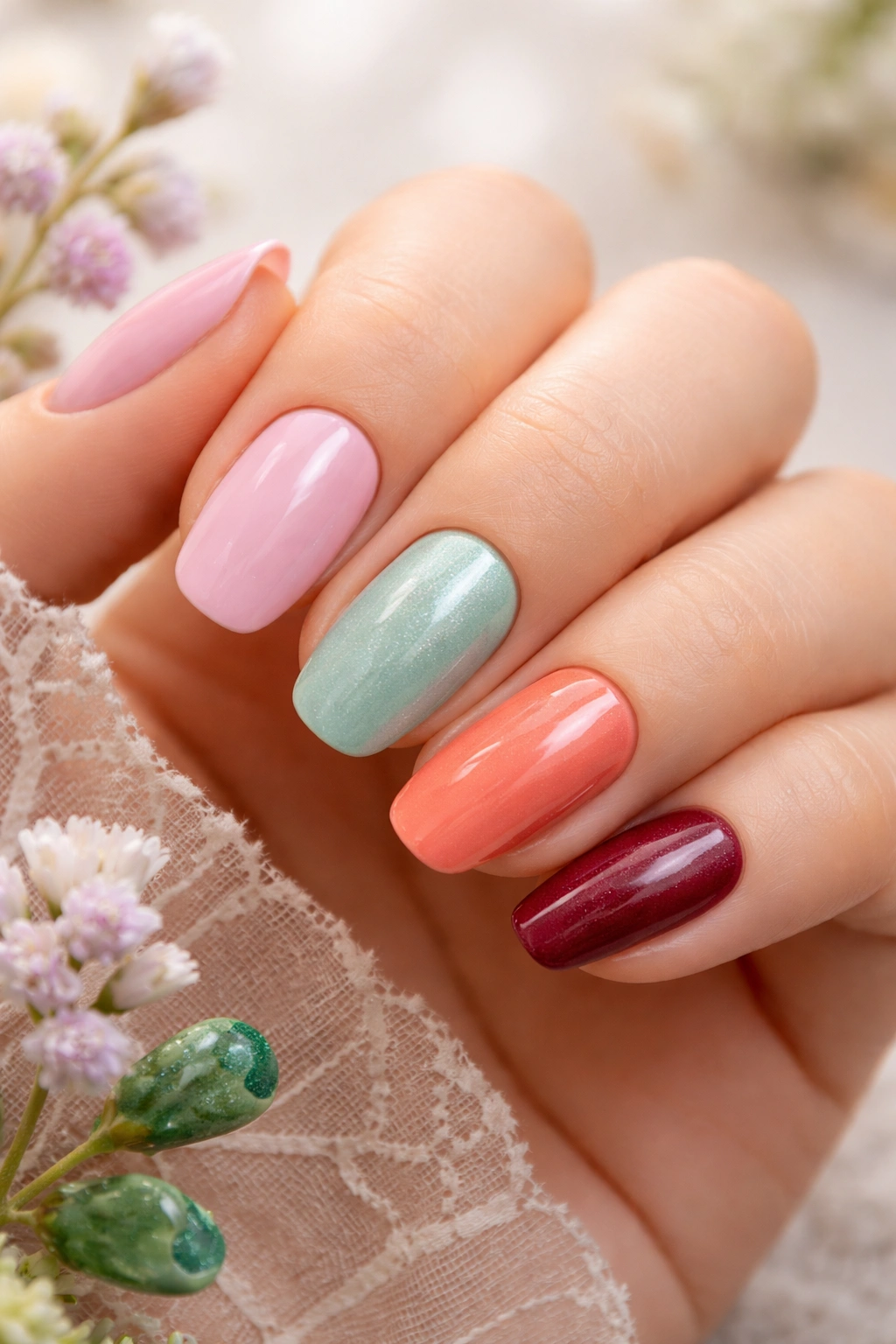 Nails painted in seasonal colors representing spring to winter.