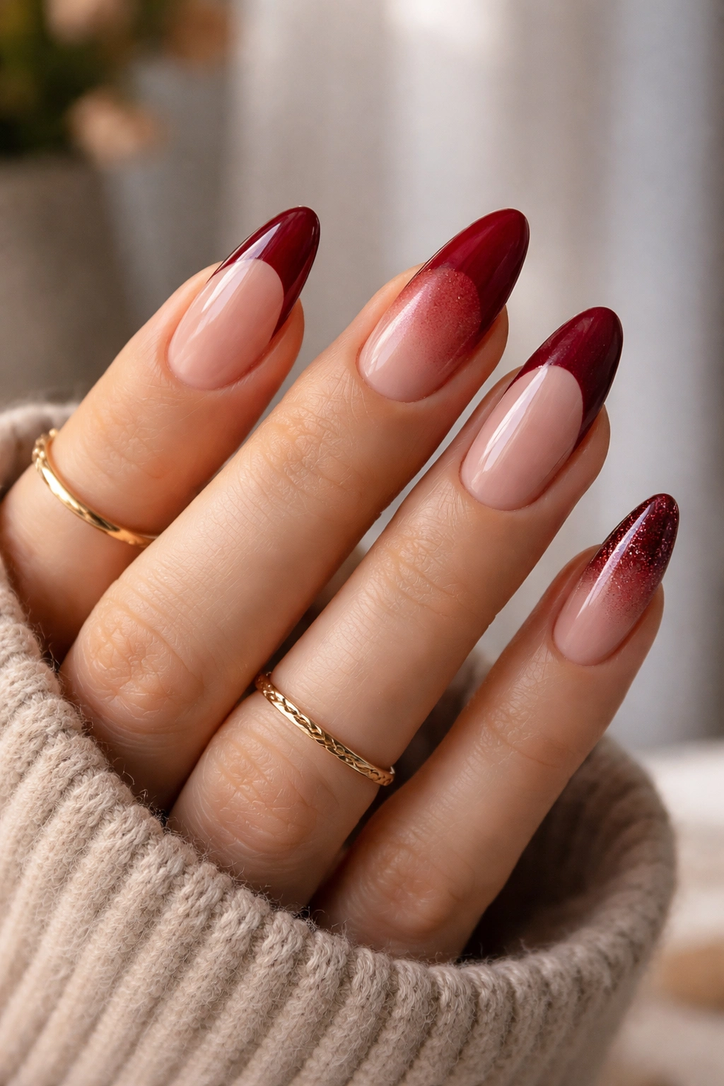 Nails with mixed finishes showing seasonal and event-appropriate red French tips