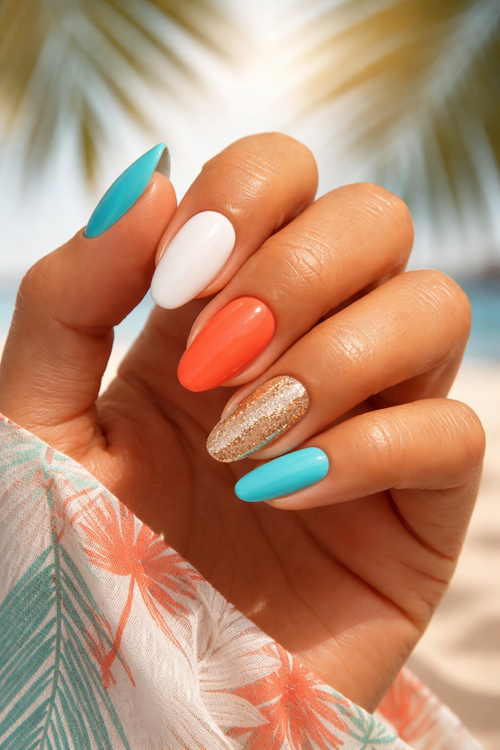 Close-up of sun-kissed hand with nails painted in seasonal colors (coral and turquoise) on a neutral background