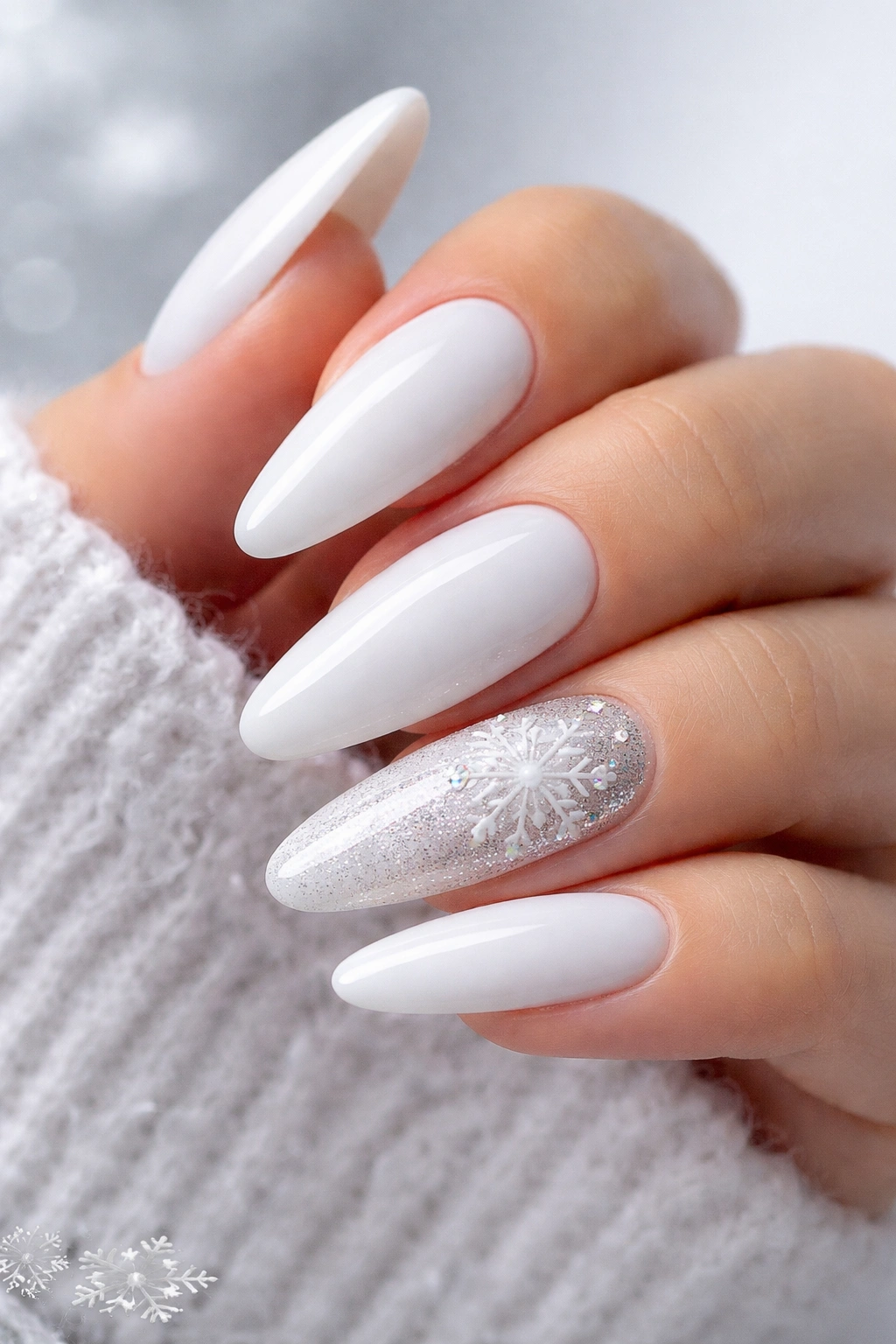 Winter white nails with snowflakes and glitter on hand