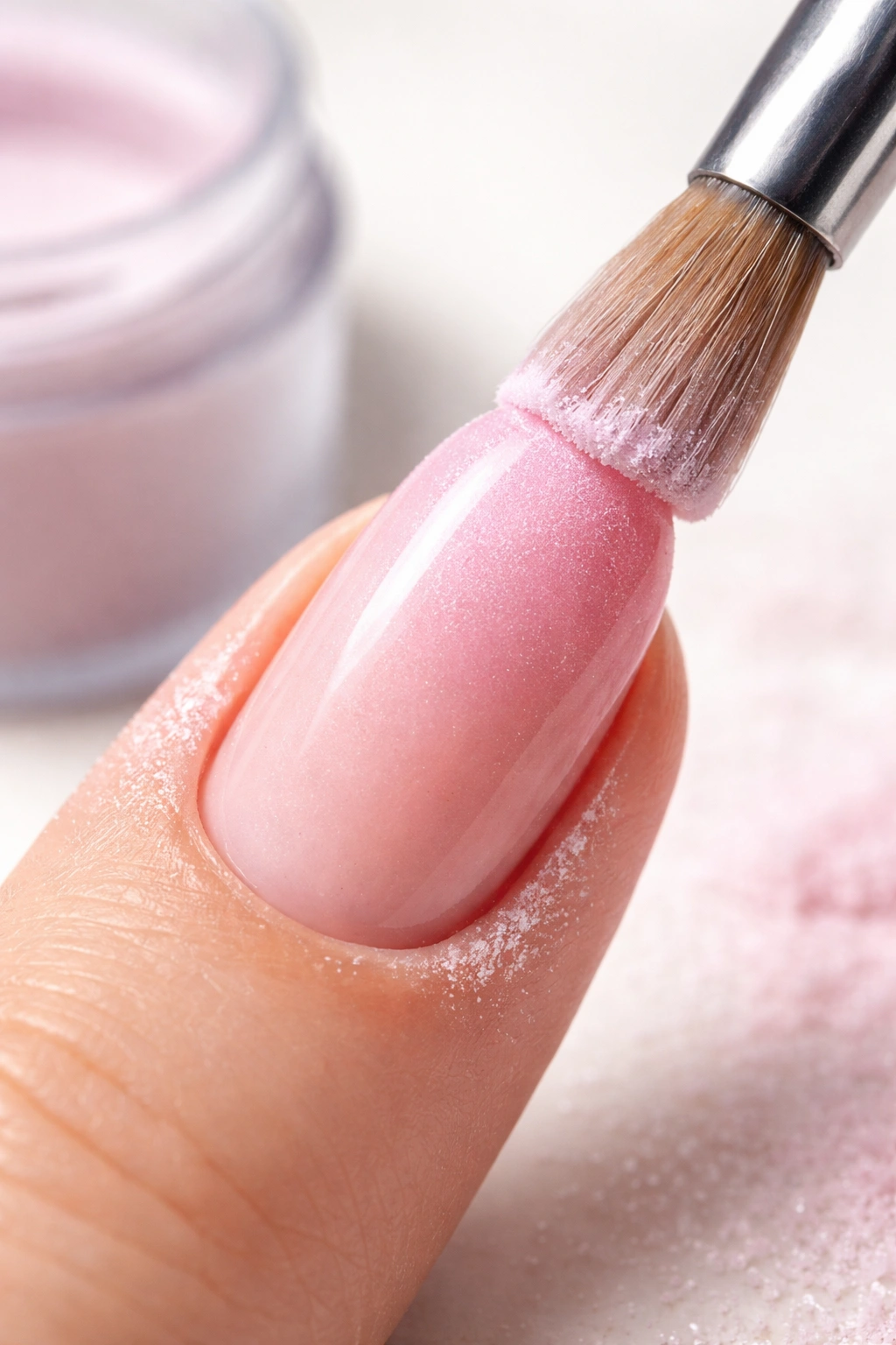 Close-up of second color layer on nail toward tip