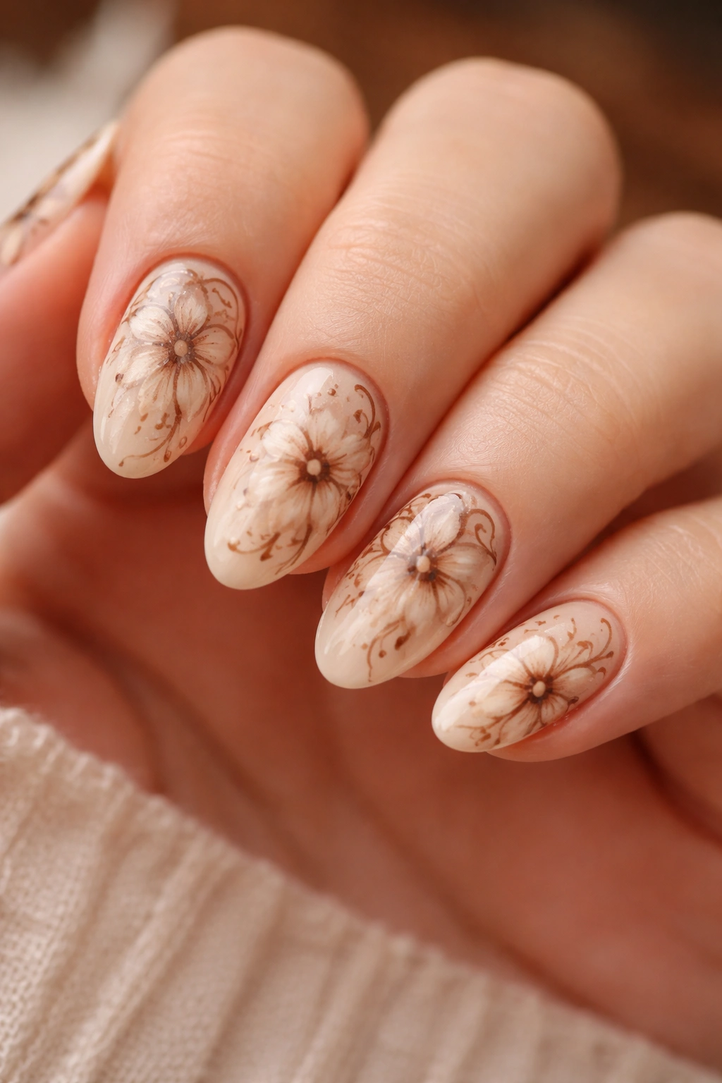 Close-up of sepia floral nails with brown outline art on short almond nails