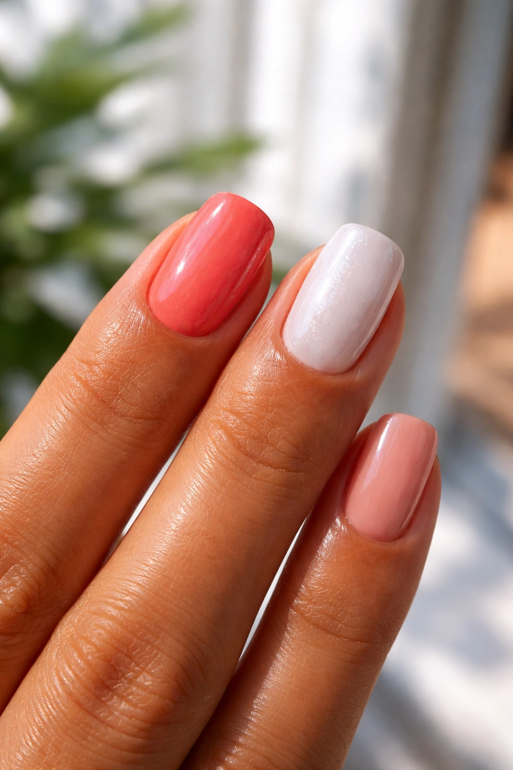 Hand comparing two nail polish shades under natural light
