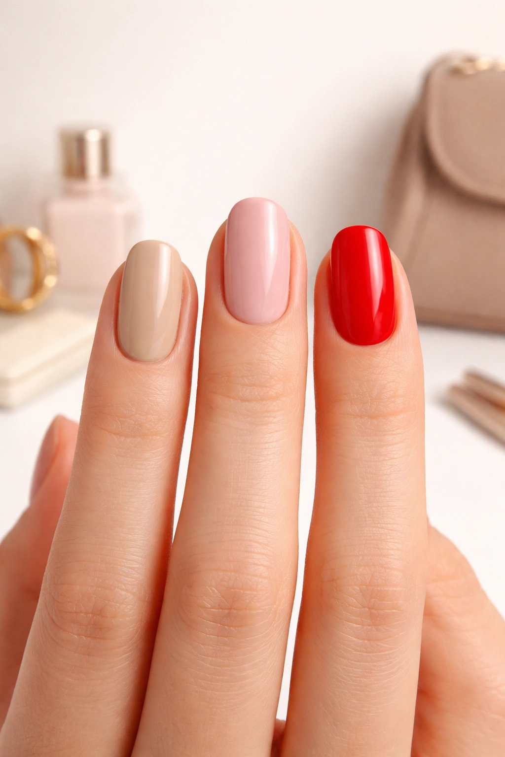 Hand showing three nail colors (nude, pink, red) to depict shade selection tips