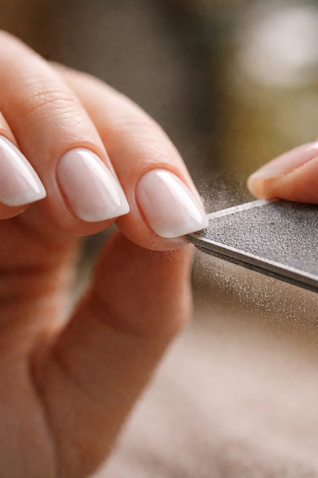 Close-up of short nails shaped into duck nails with careful filing