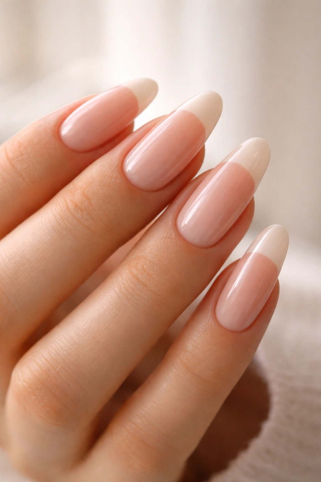 Close-up of long oval acrylic nails showing tapered sides and rounded tips