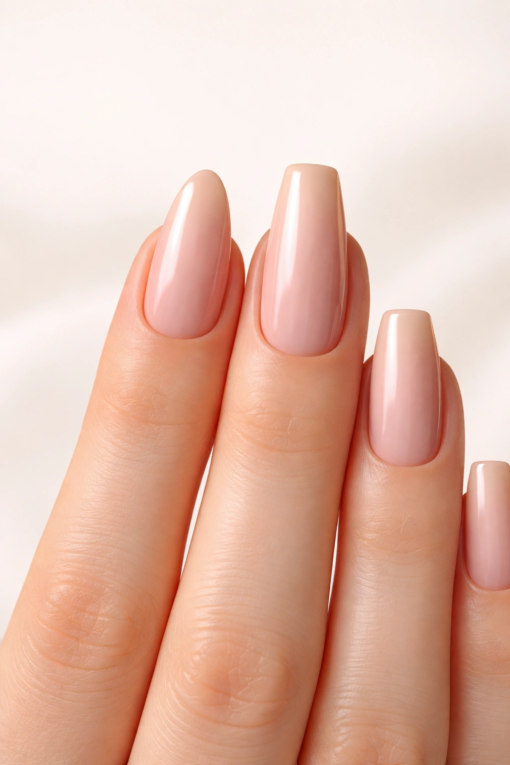 Hand displaying two nail shapes (almond and coffin) to illustrate switching