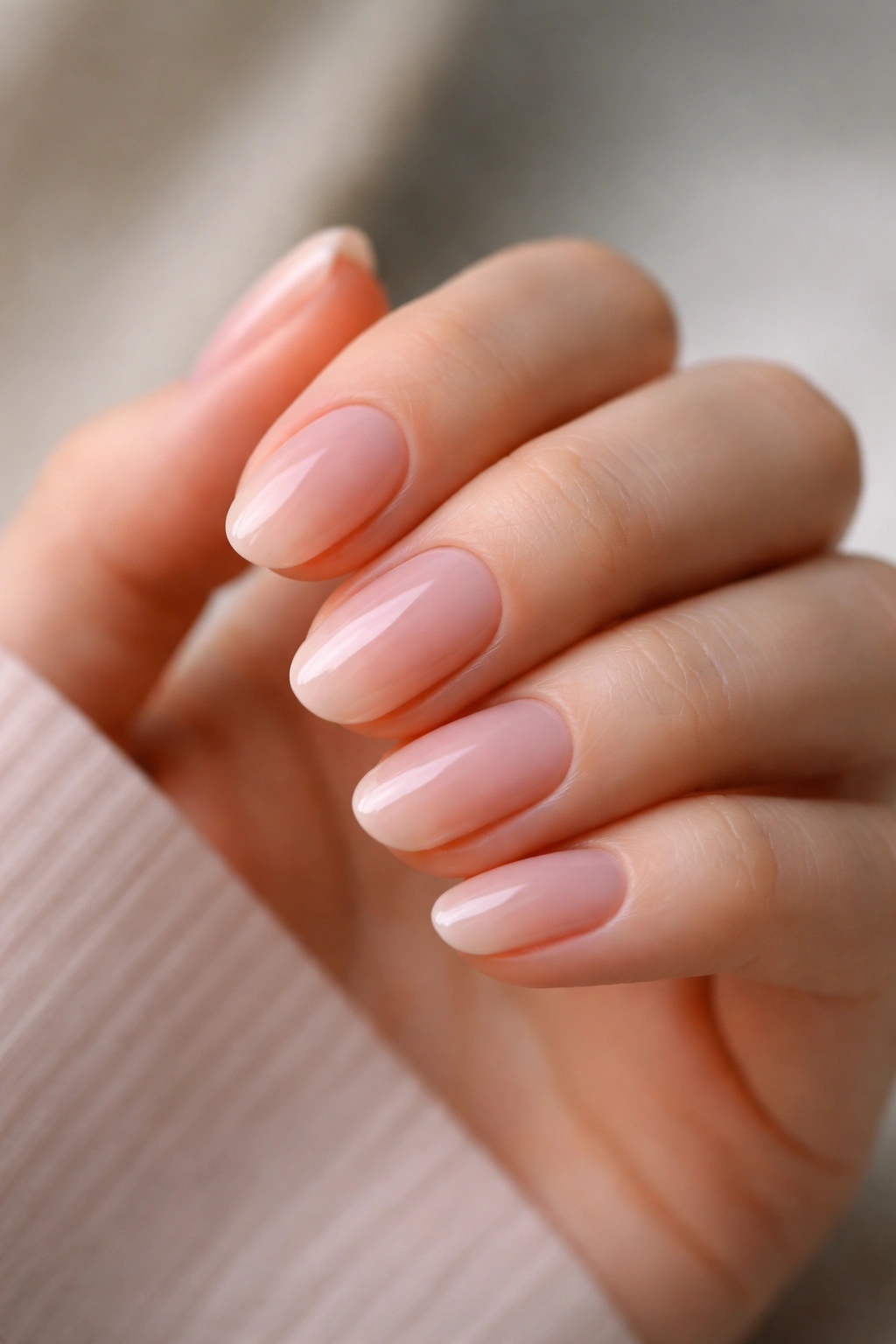 Close-up of short oval nails with sheer almond-pink overlay