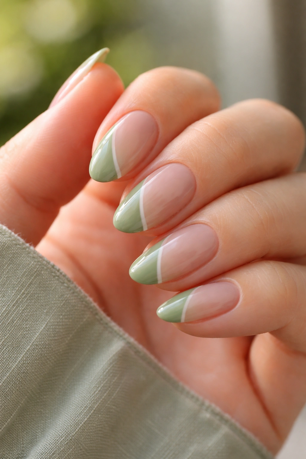 Hand with short almond nails showing length-enhancing design