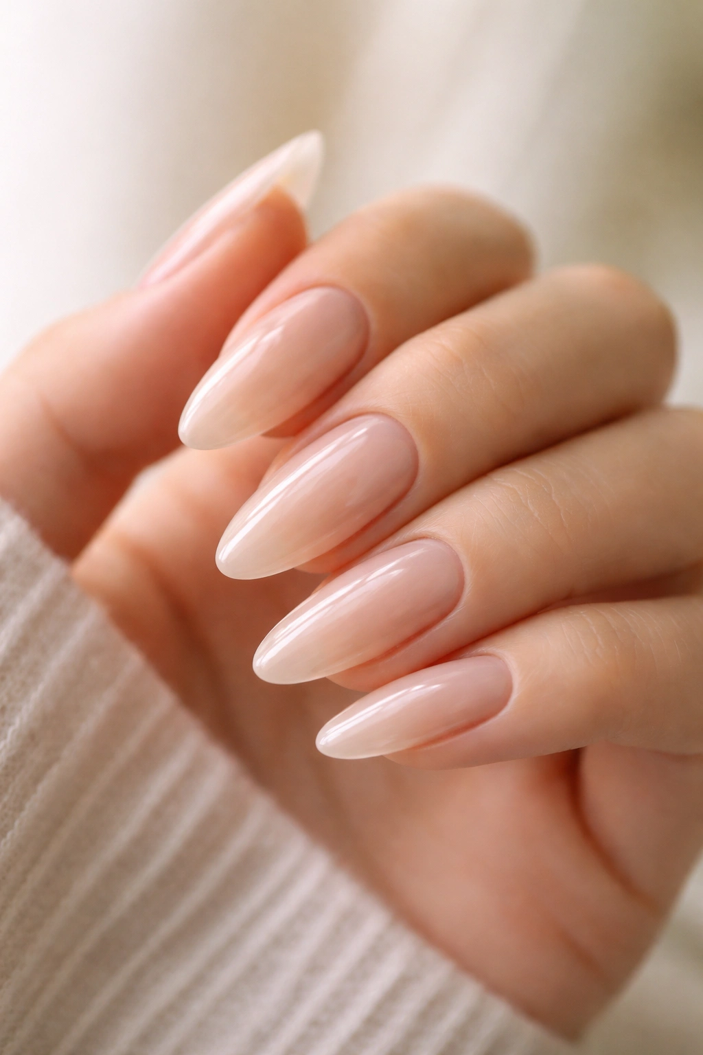 Sheer beige almond nails showing natural nail through translucent beige