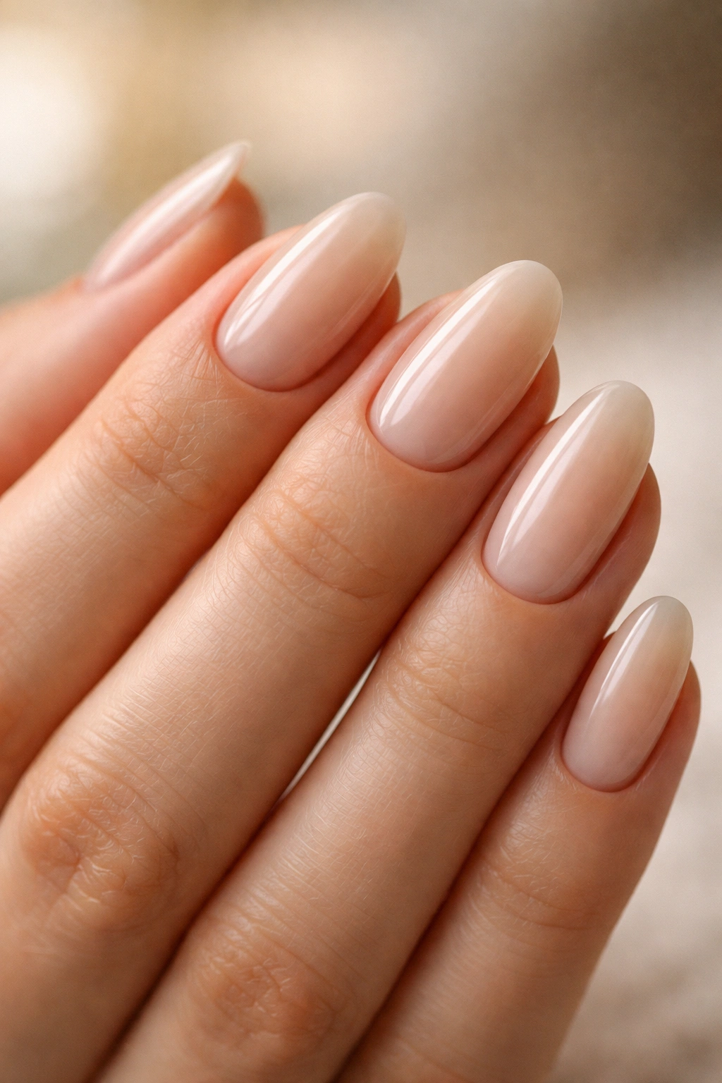 Close-up of short almond nails in sheer milky beige with translucent finish