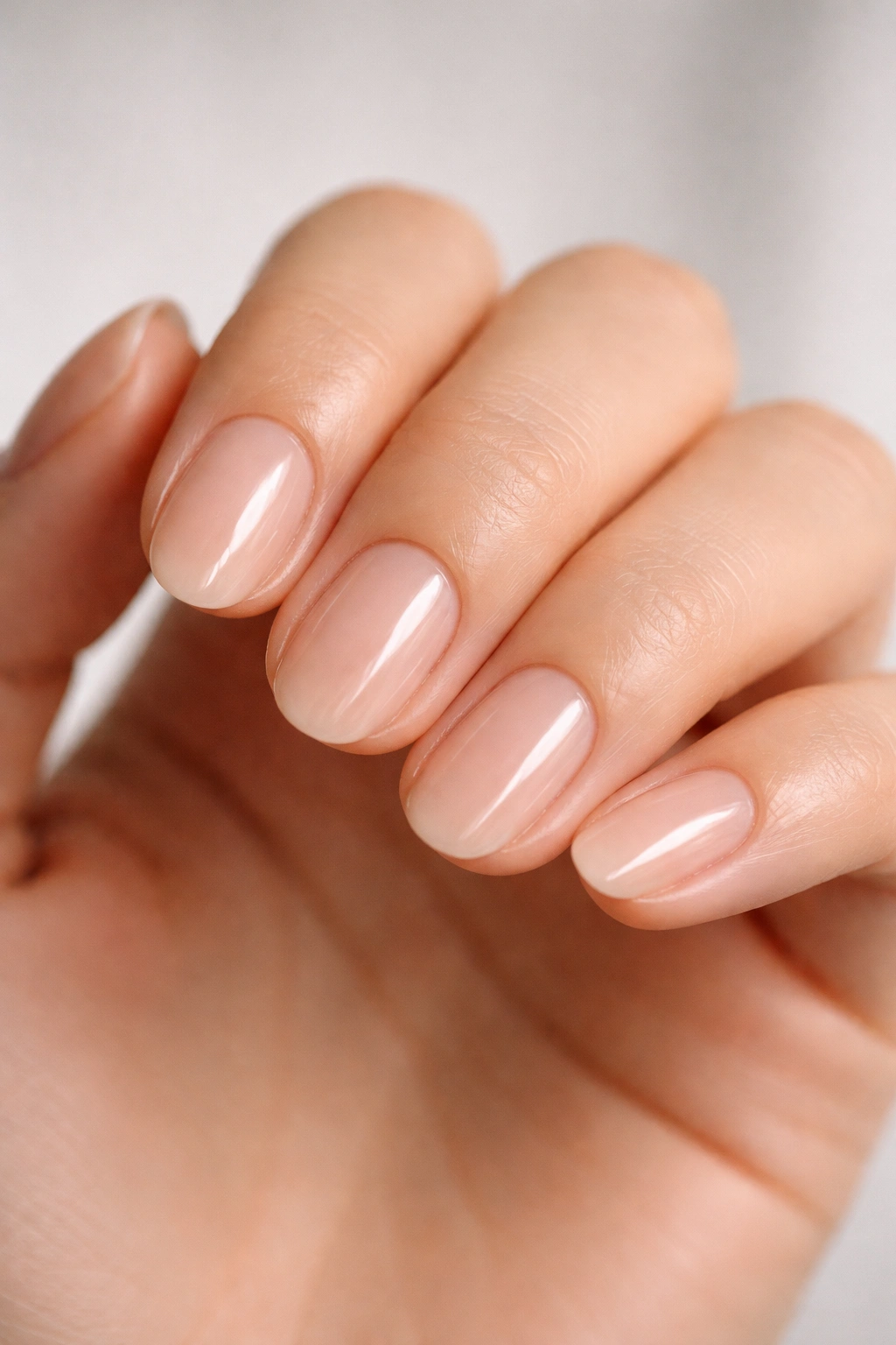 Close-up of short oval nails with sheer beige gloss on natural hands
