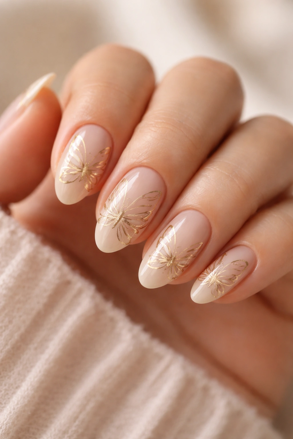 Sheer beige nails with gold butterfly outlines on short almond nails