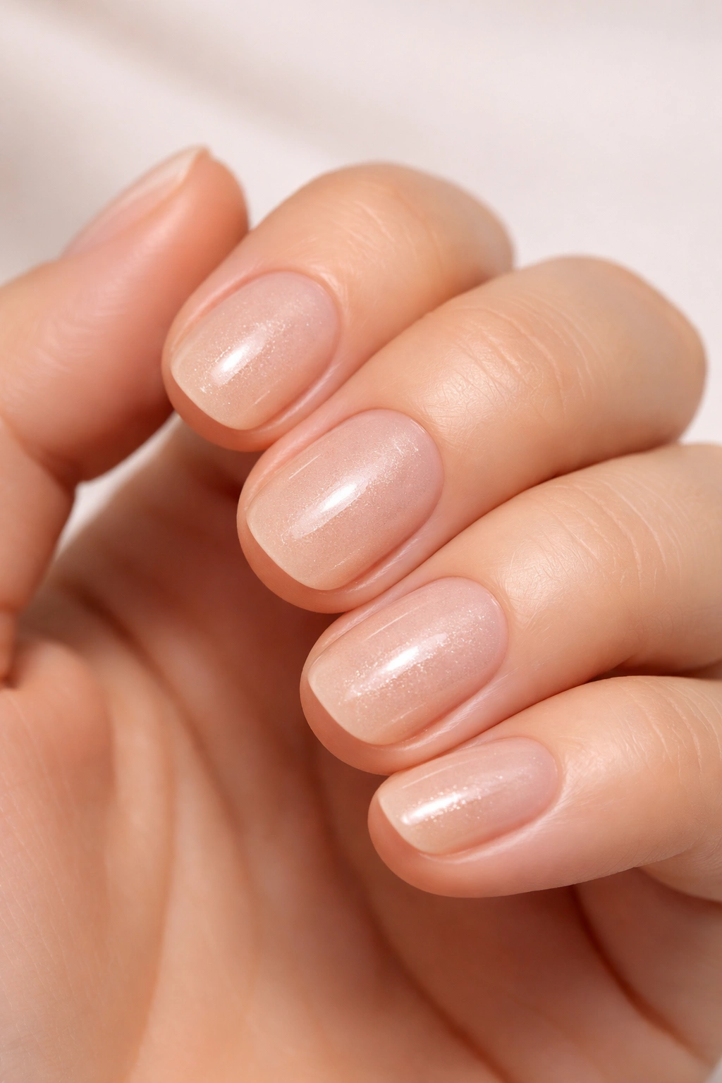 Close-up of short round nails with sheer beige polish and subtle shimmer