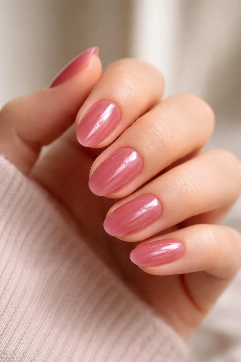 Close-up of short almond nails with sheer berry tint.