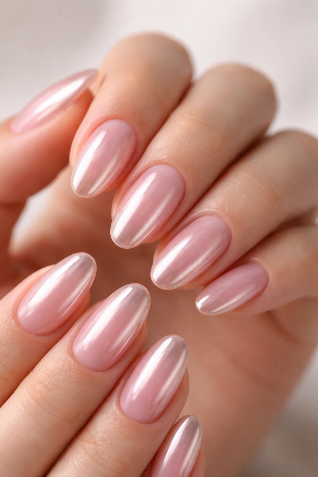 Close-up of short almond nails with sheer blush chrome finish
