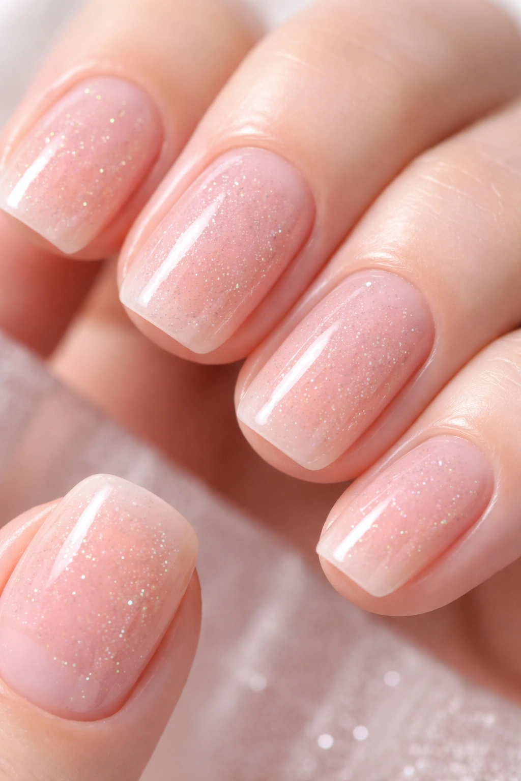 Nails with sheer blush base and micro glitter