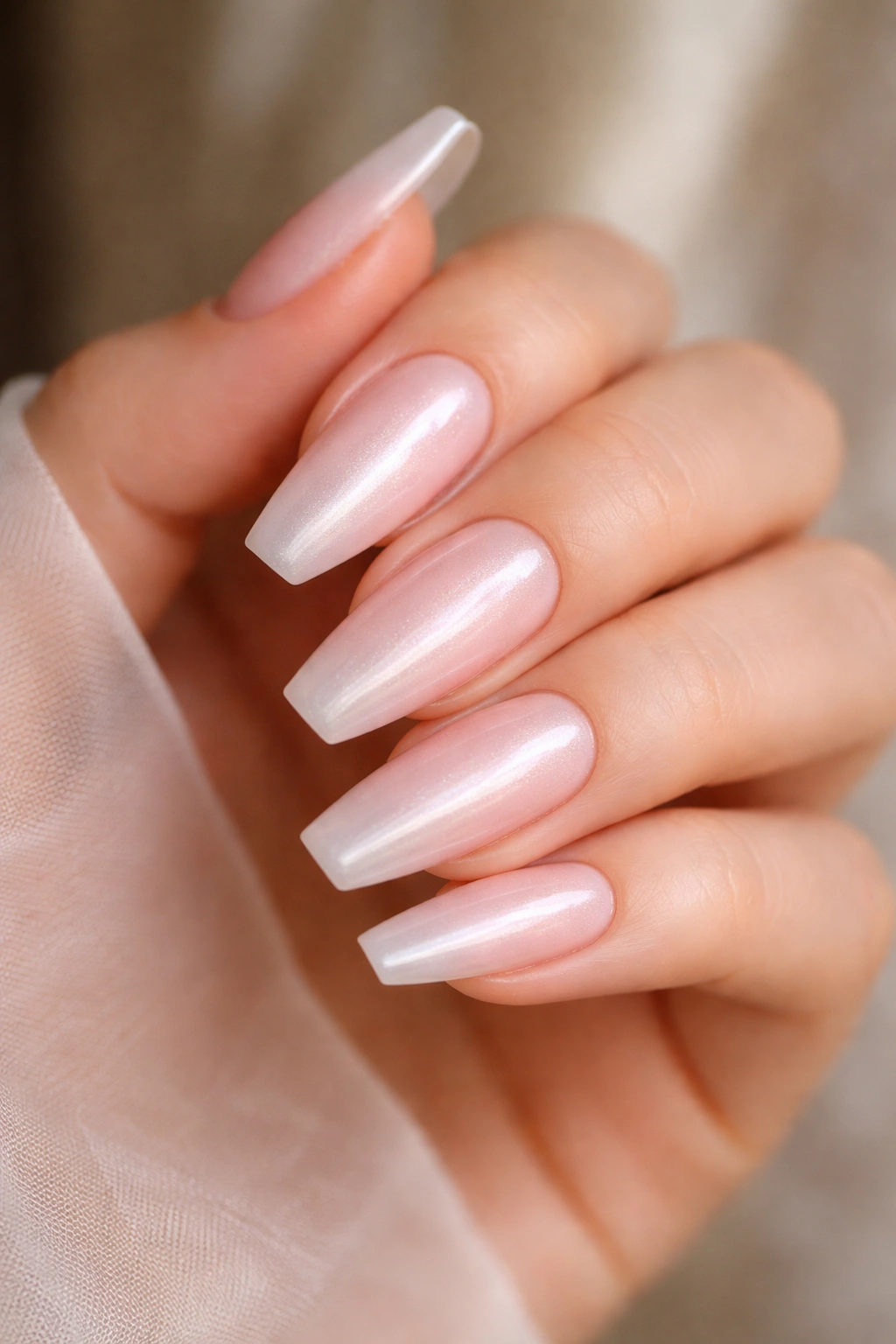 Sheer blush pearl ballerina nails with soft pink glow.