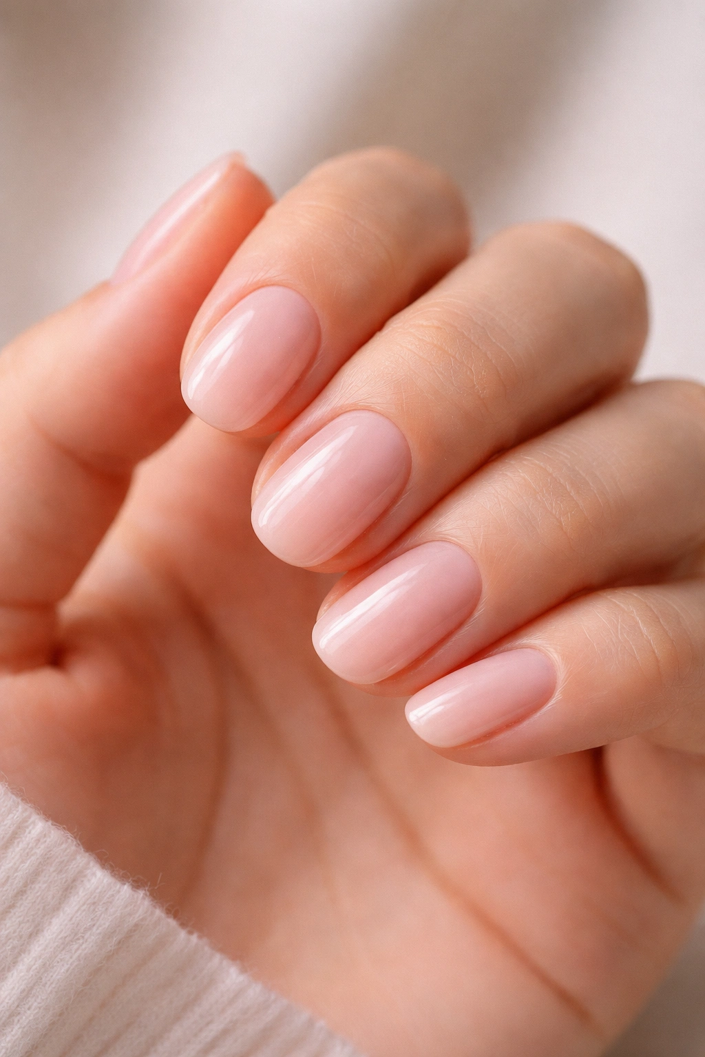 Sheer blush pink short oval nails on a hand with neutral backdrop