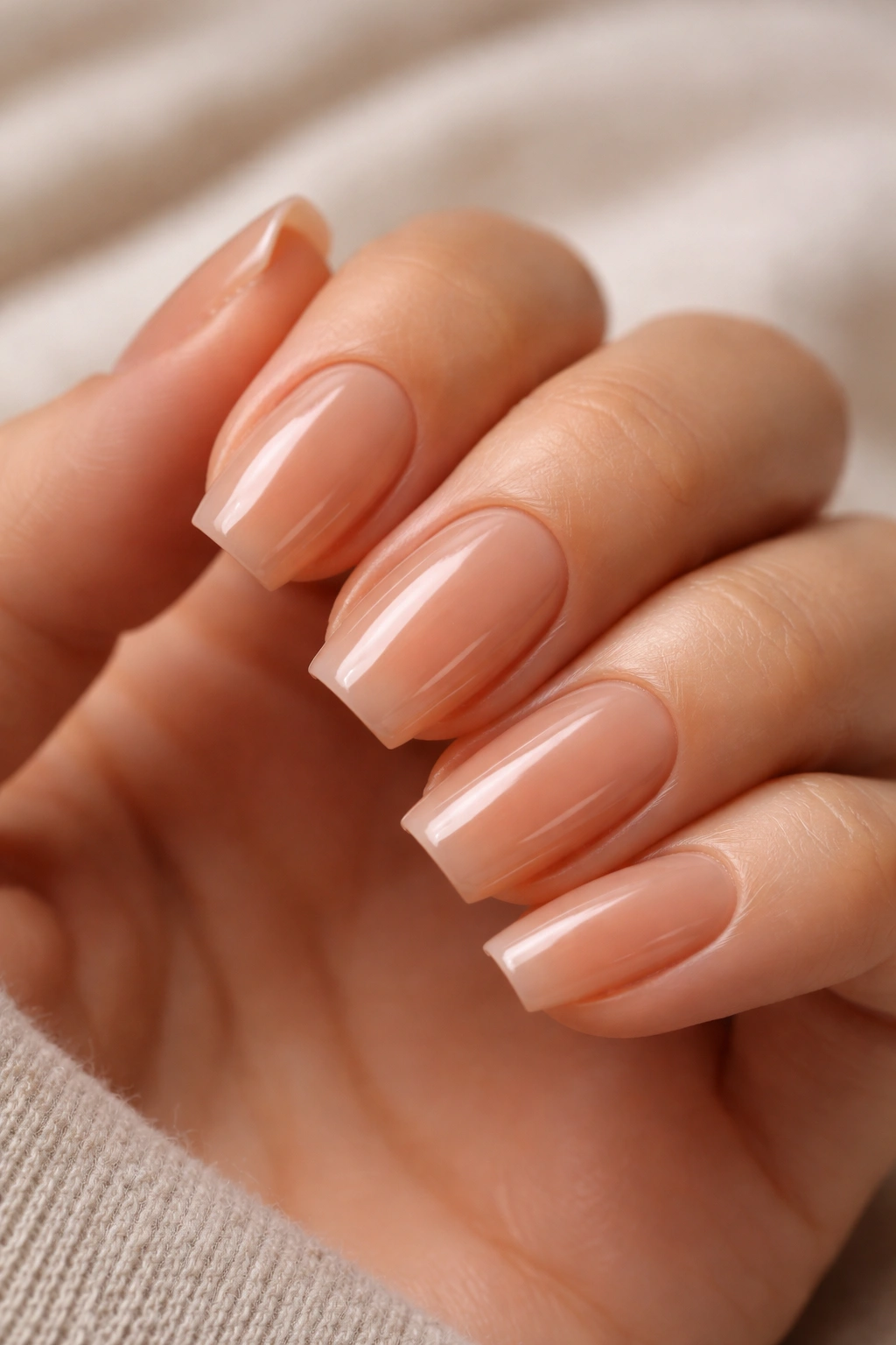 Close-up of short ballerina nails in sheer caramel nude