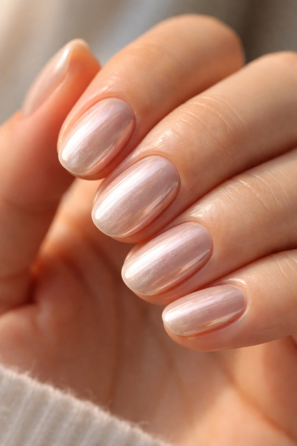 Short oval polygel nails with sheer chrome glaze in pearly champagne hue