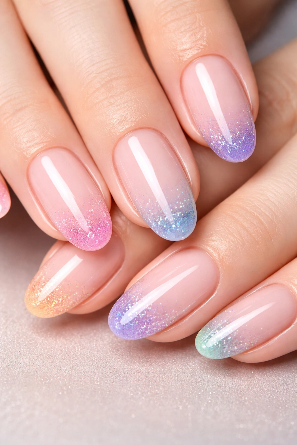 Oval nails with sheer colored tips and glitter gradient at tips.