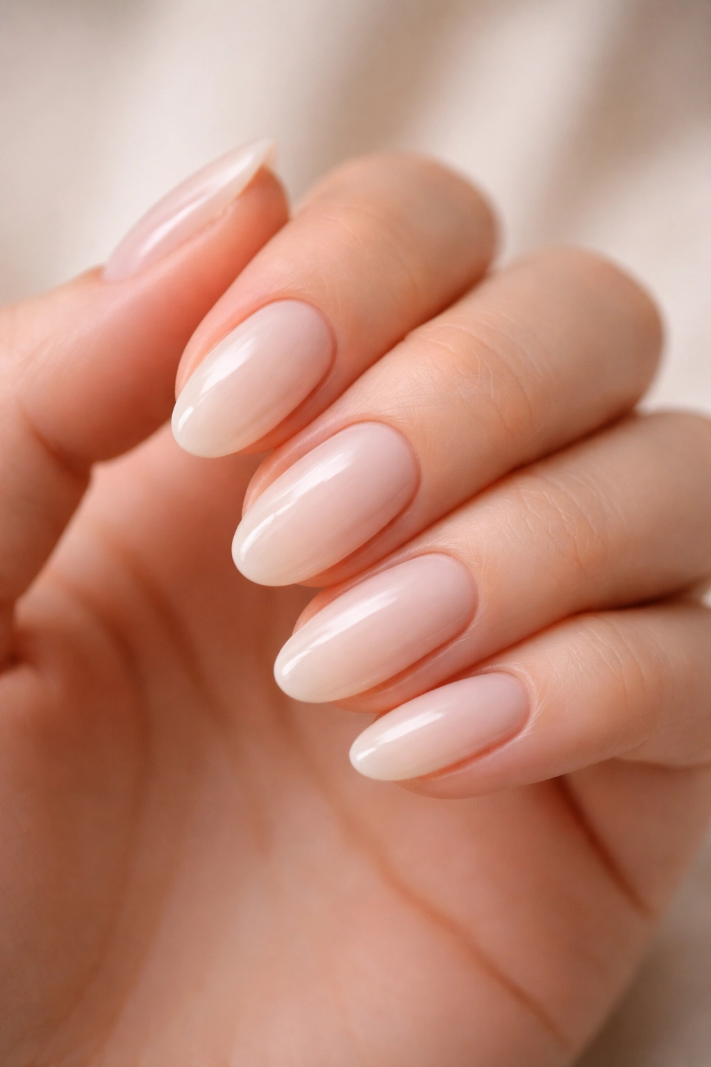 Close-up of short almond nails with sheer cream polish showing natural nail bed