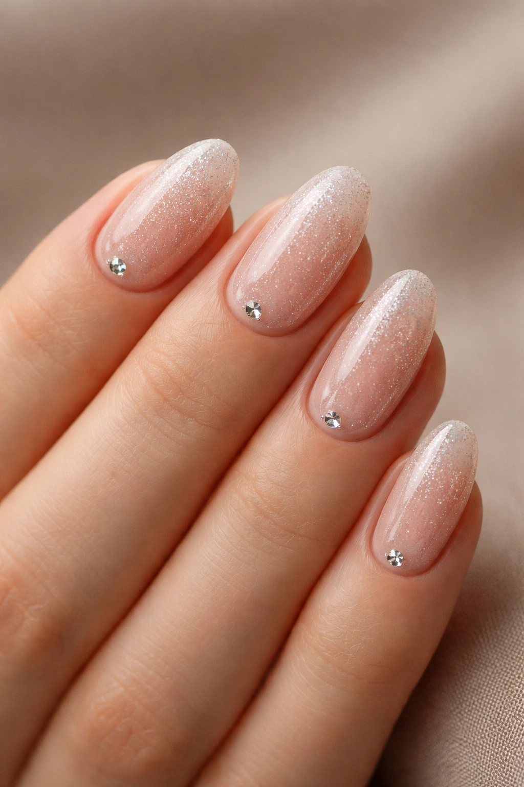 Close-up of short almond nails with sheer pink glitter and a single base rhinestone