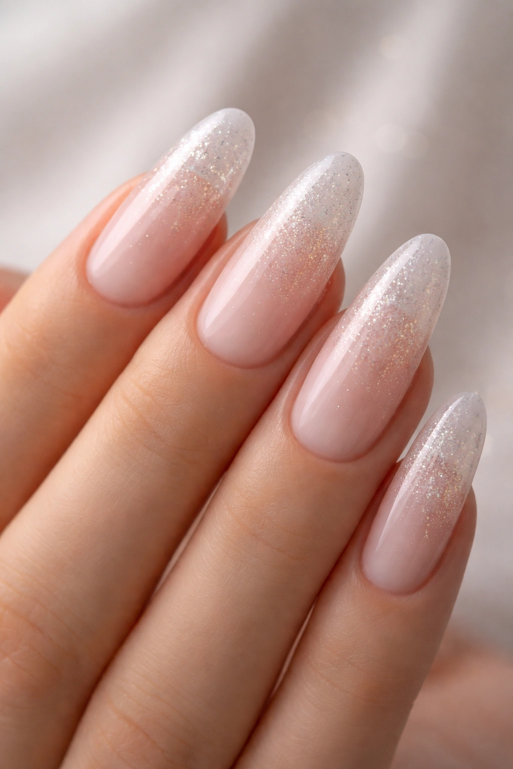 Close-up of a long oval nail with sheer gradient and micro glitter